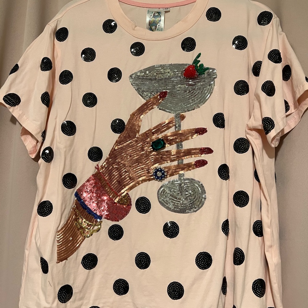 QUEEN OF SPARKLES Cream Black Graphic Sequin Oversized Tee
